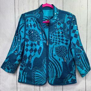 Vintage Redd Jeans Turquoise Abstract Sequin Zip Jacket Size 10 Artsy Bold Retro